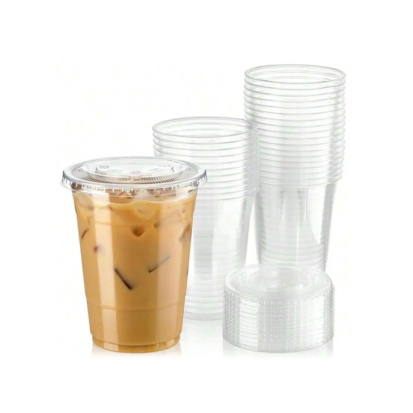 100 Stück Pet Becher mit Flachdeckel für Matcha Latte, Dessert, Softdrink, Kaffee, to go Plastikbecher, | 360ml, 400ml, 500ml