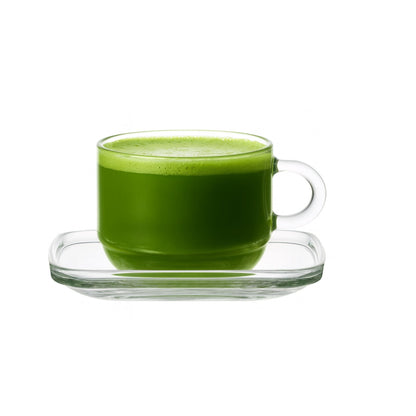 Cozy Glas Tassen Set 12-teilig – 6 Glas-Tassen mit Henkel (270 ml) + 6 Glas-Untertassen – Stapelbar
