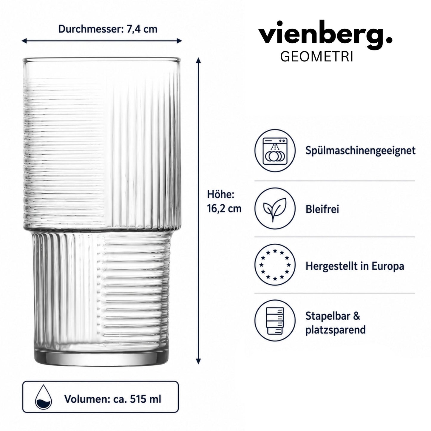 Vienberg Geometri Trinkgläser 515 ml, geriffelte Matcha Gläser für Eiskaffee, Cocktails, Säfte und Wasser, stapelbar, 3er oder 6er Set
