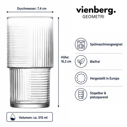 Vienberg Geometri Trinkgläser 515 ml, geriffelte Matcha Gläser für Eiskaffee, Cocktails, Säfte und Wasser, stapelbar, 3er oder 6er Set