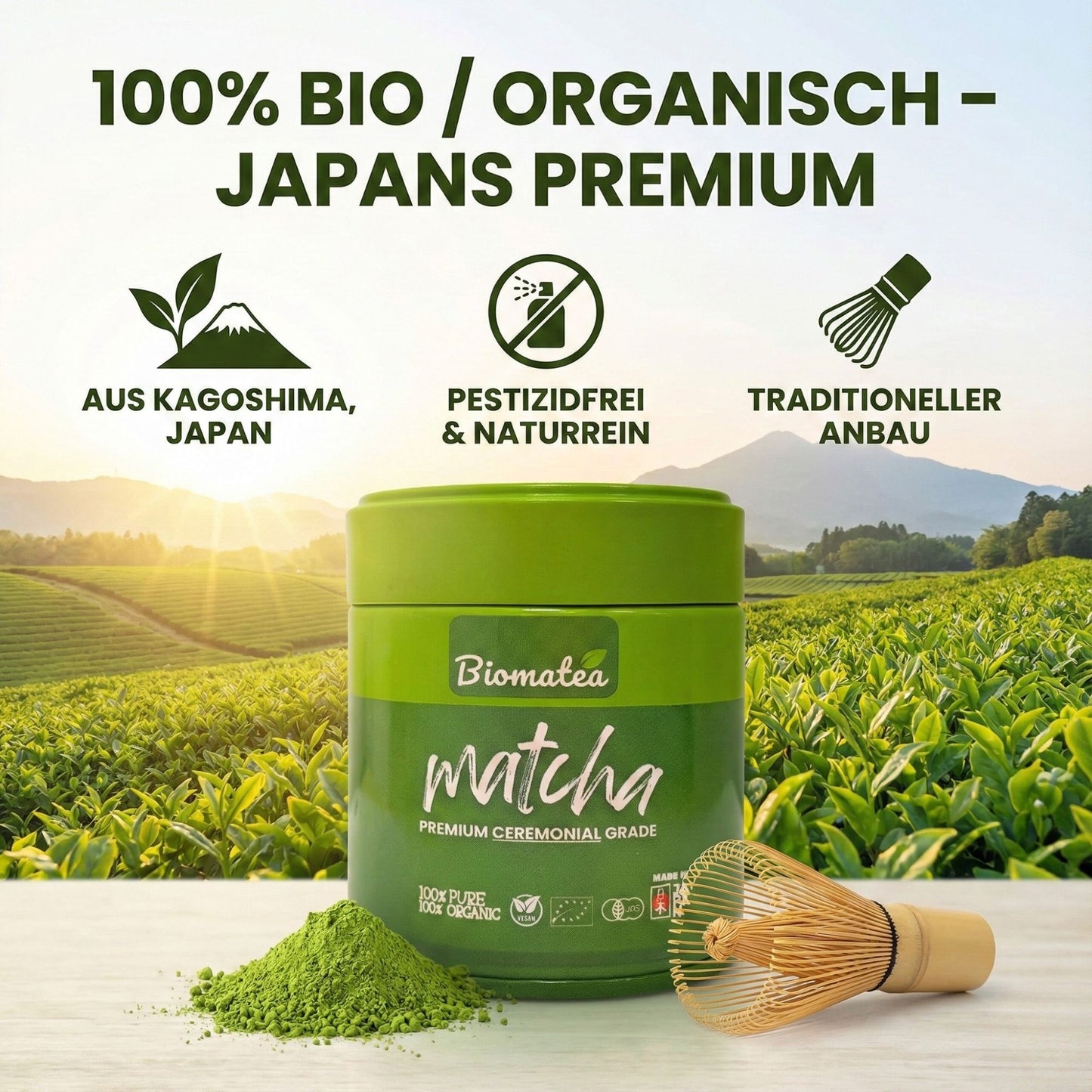 Bio Ceremonial grade Matcha Tee Pulver, 30g Dose mit Aromaschutzfolie für maximale Frische