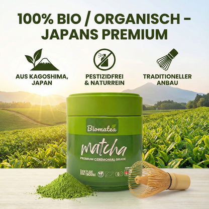 Bio Ceremonial grade Matcha Tee Pulver, 30g Dose mit Aromaschutzfolie für maximale Frische