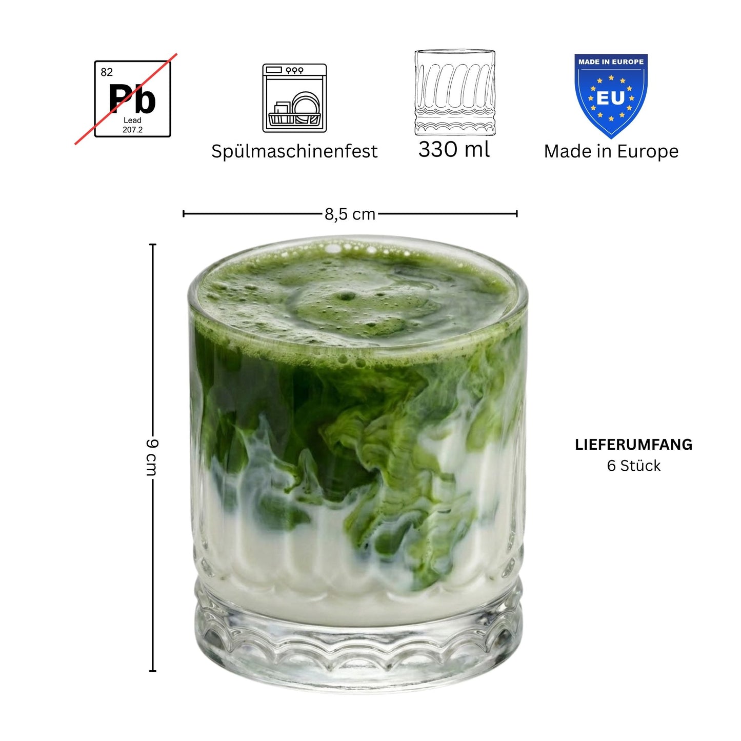 Wave 6 Stück Matcha Gläser 330ml Wellen-Design, extra schwer & massiv