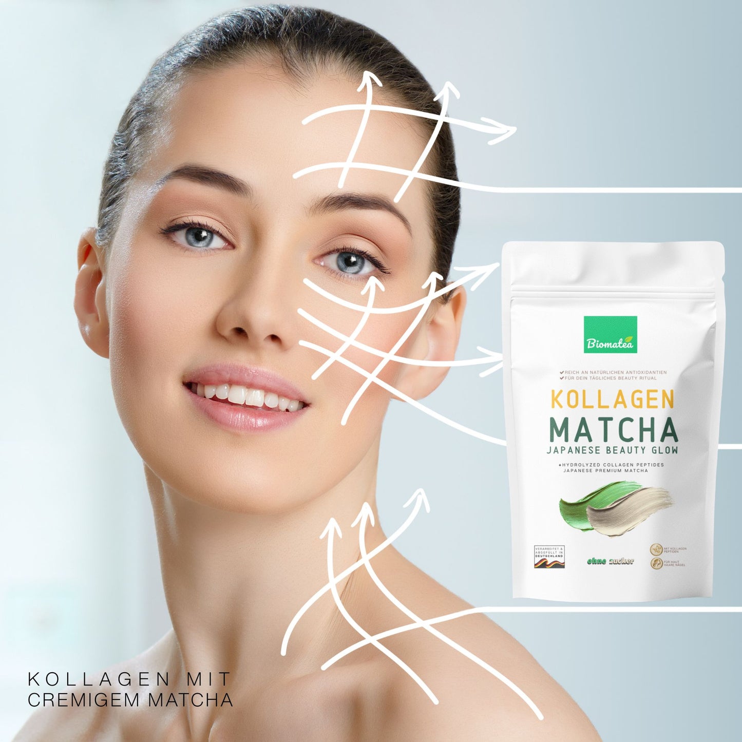 Biomatea Ceremonial Matcha Collagen Latte Pulver 150g 33% Japanischer Matcha und 58% Kollagen Hydrolysat Klumpfrei und leicht löslich, ohne Zuckerzusatz