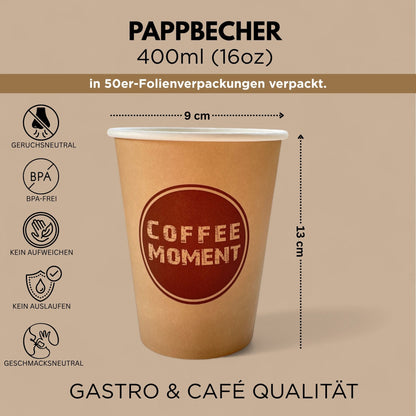 Coffee Moment Kaffeebecher, Kaffee to go Pappbecher – 4 Größen, für heiße & kalte Getränke