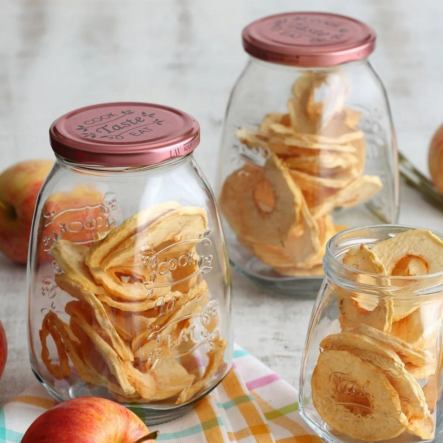 Tasty Design Vorratsgläser "Cook Taste Eat" (6er Set, 1050ml) – Eckige Einmachgläser mit Rosé-Deckel