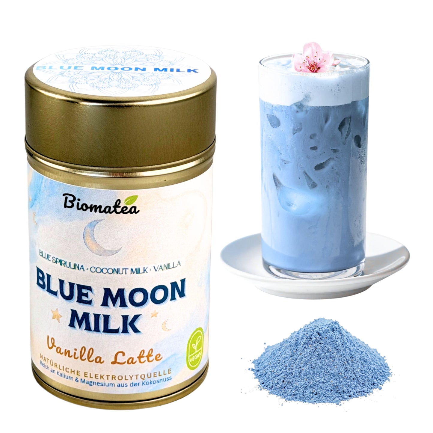 Biomatea Blue Moon Milk Vanille Latte – Blue Spirulina Latte Mix mit Kokosmilch & echter Vanille, 100g Dose
