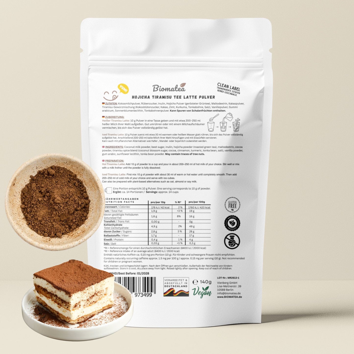 Biomatea Hojicha Tiramisu Latte Pulver – Cremiger Dessert Latte ohne Kaffee – Japanischer Hojicha Grüntee, vegan & glutenfrei, 140g