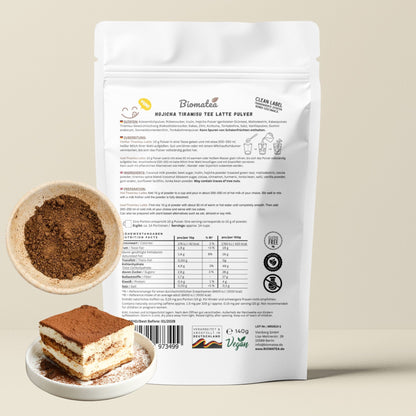 Biomatea Hojicha Tiramisu Latte Pulver – Cremiger Dessert Latte ohne Kaffee – Japanischer Hojicha Grüntee, vegan & glutenfrei, 140g