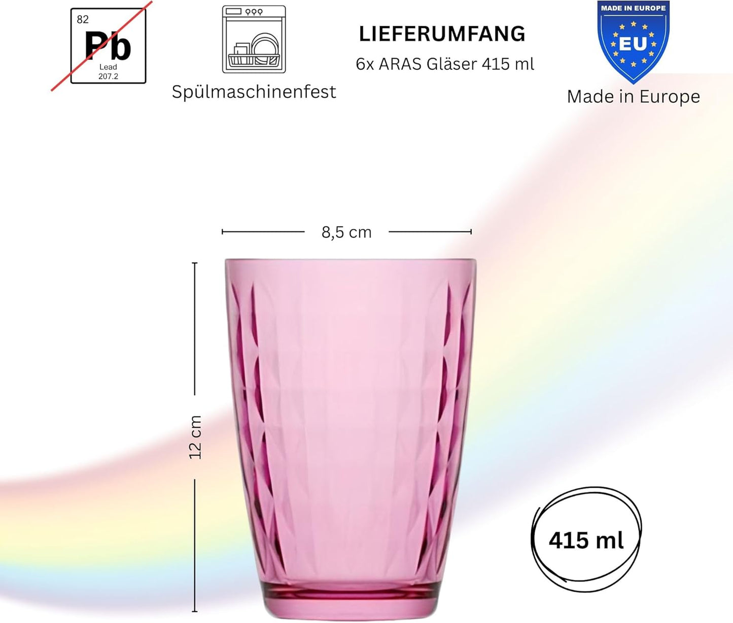 Artemis Coral 6er Set Trinkgläser Bunt 415ml – Longdrinkgläser mit Innenrelief (Außen glatt) Wassergläser & Saftgläser