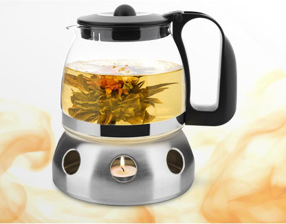 Glas Teekanne aus Glas mit Stövchen + Siebaufsatz, Hitzebeständig, herausnehmbaren Edelstahl Filter Sieb