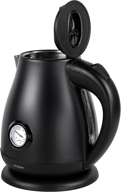 Retro Edelstahl Wasserkocher 1,7 L, Teekocher Retro Vintage, Wasserkessel Matt Schwarz