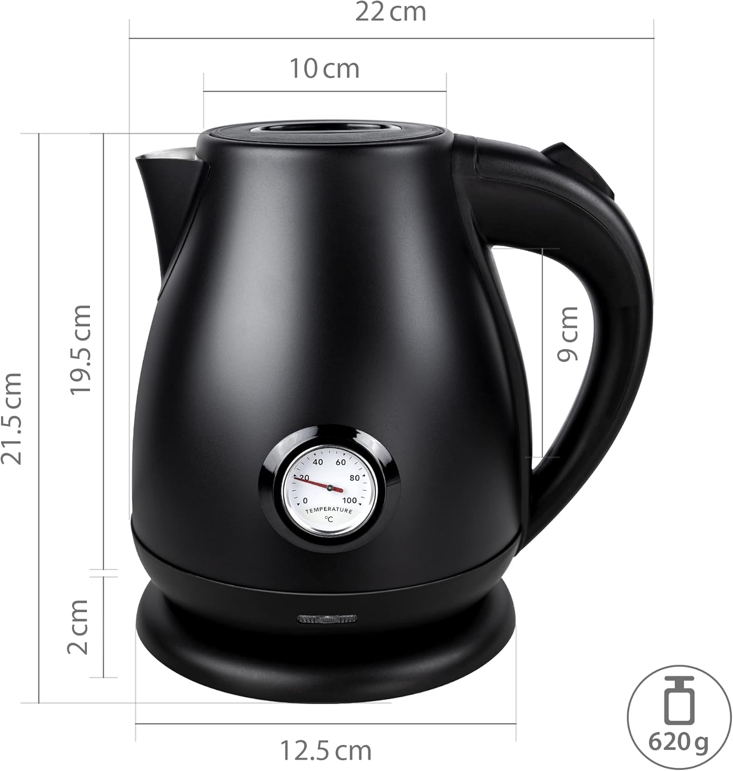 Retro Edelstahl Wasserkocher 1,7 L, Teekocher Retro Vintage, Wasserkessel Matt Schwarz