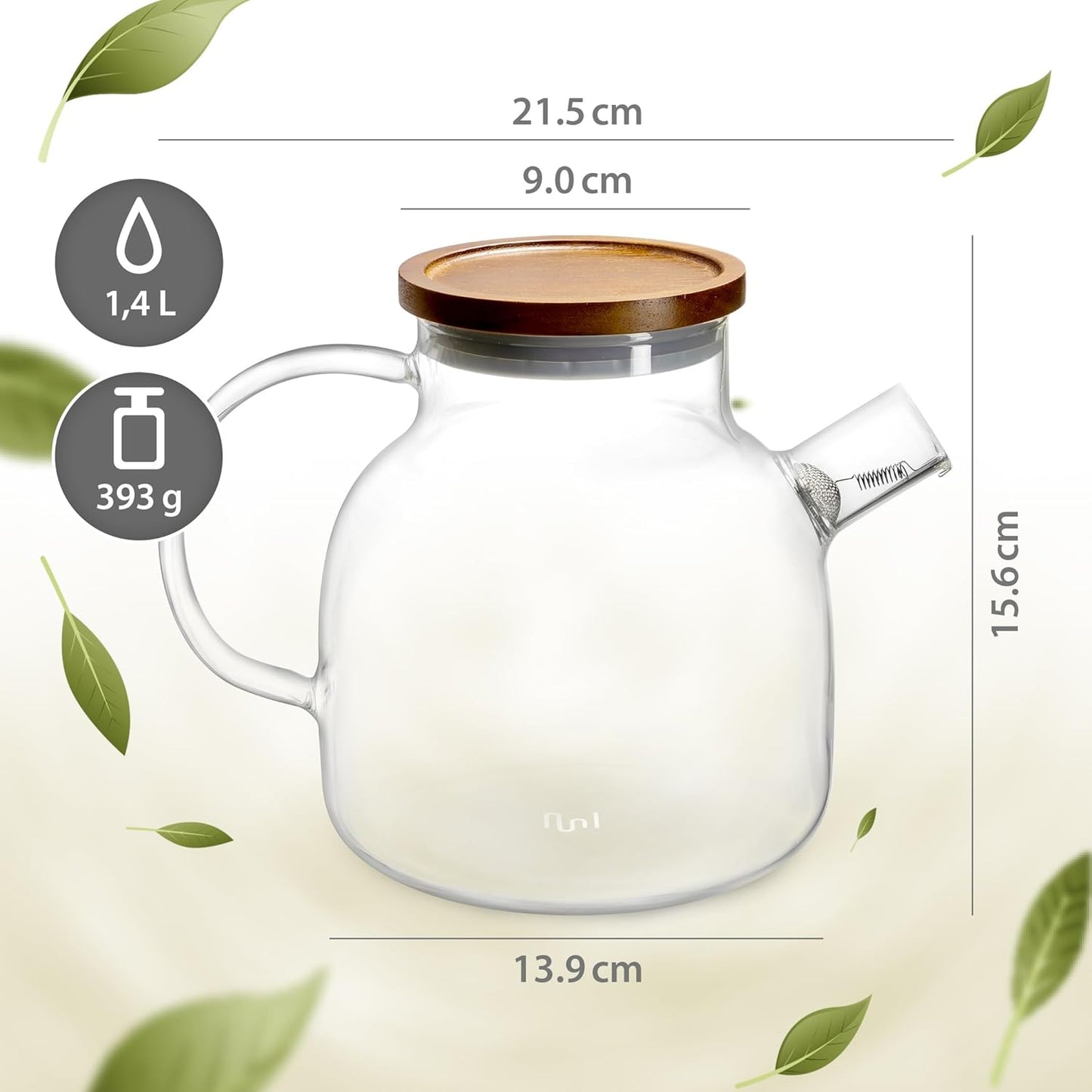 Glas Teekanne mit Siebeinsatz & Holzdeckel 1400ml