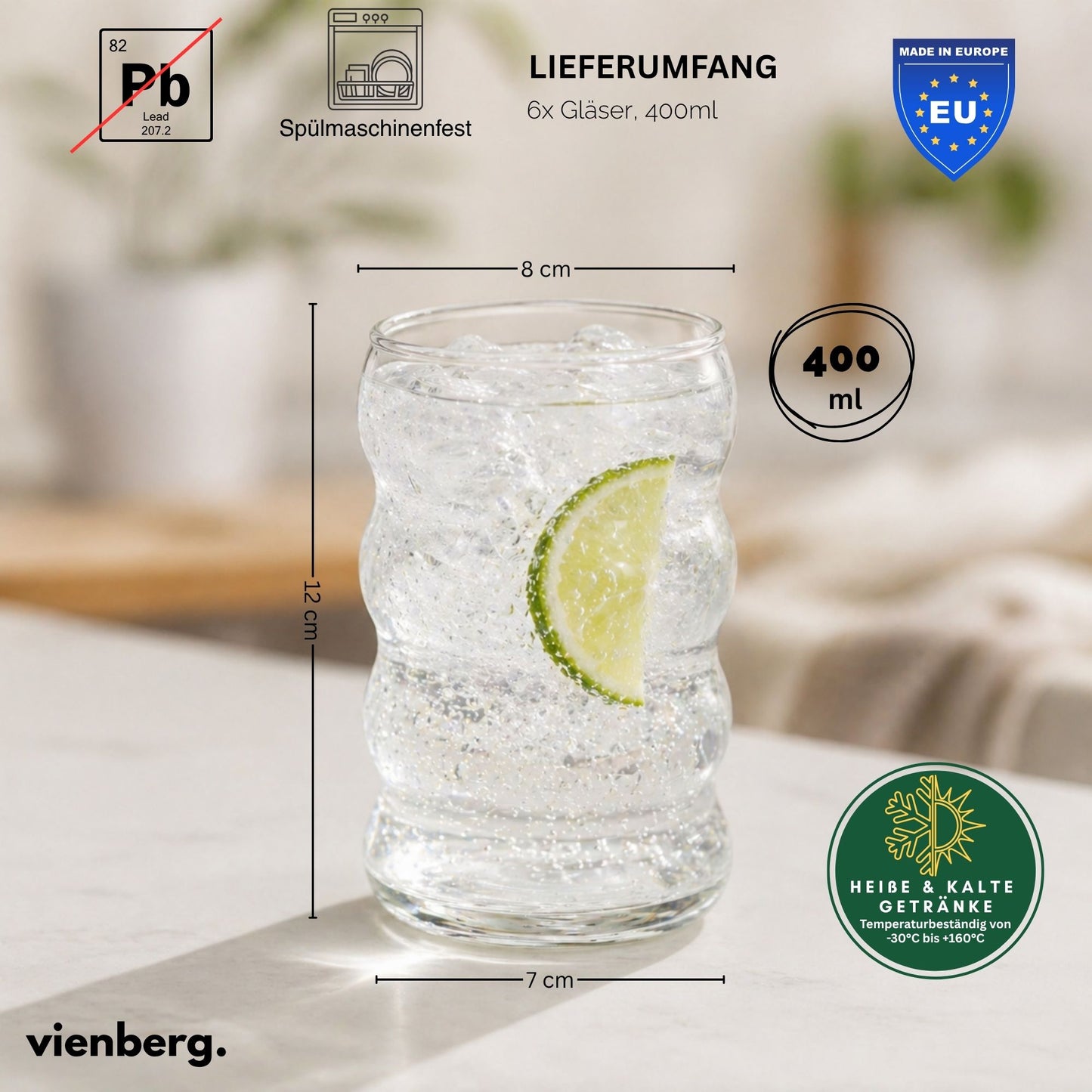 Bubble Matcha-Gläser 6er Set 400ml | Wellen-Design für Matcha Latte Glas, Iced Coffee & Smoothies Trinkgläser