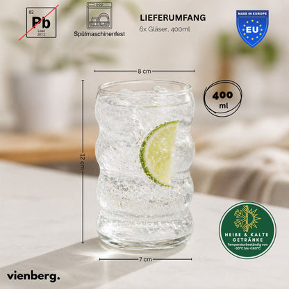 Bubble Matcha-Gläser 6er Set 400ml | Wellen-Design für Matcha Latte Glas, Iced Coffee & Smoothies Trinkgläser
