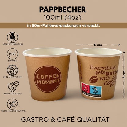 Coffee Moment Kaffeebecher, Kaffee to go Pappbecher – 4 Größen, für heiße & kalte Getränke