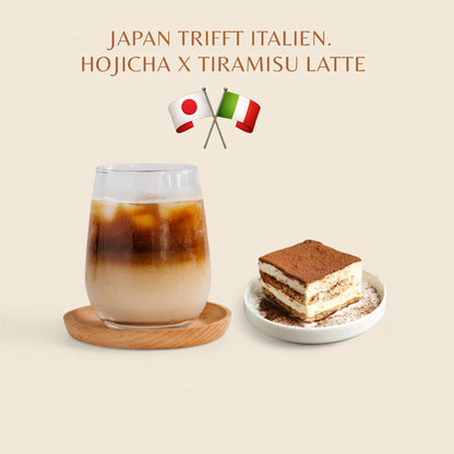 Biomatea Hojicha Tiramisu Latte Pulver – Cremiger Dessert Latte ohne Kaffee – Japanischer Hojicha Grüntee, vegan & glutenfrei, 140g