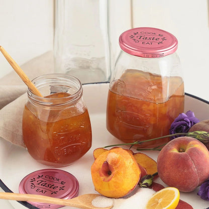 Tasty Design Vorratsgläser "Cook Taste Eat" (6er Set, 1050ml) – Eckige Einmachgläser mit Rosé-Deckel