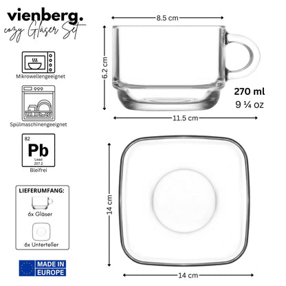 Cozy Glas Tassen Set 12-teilig – 6 Glas-Tassen mit Henkel (270 ml) + 6 Glas-Untertassen – Stapelbar