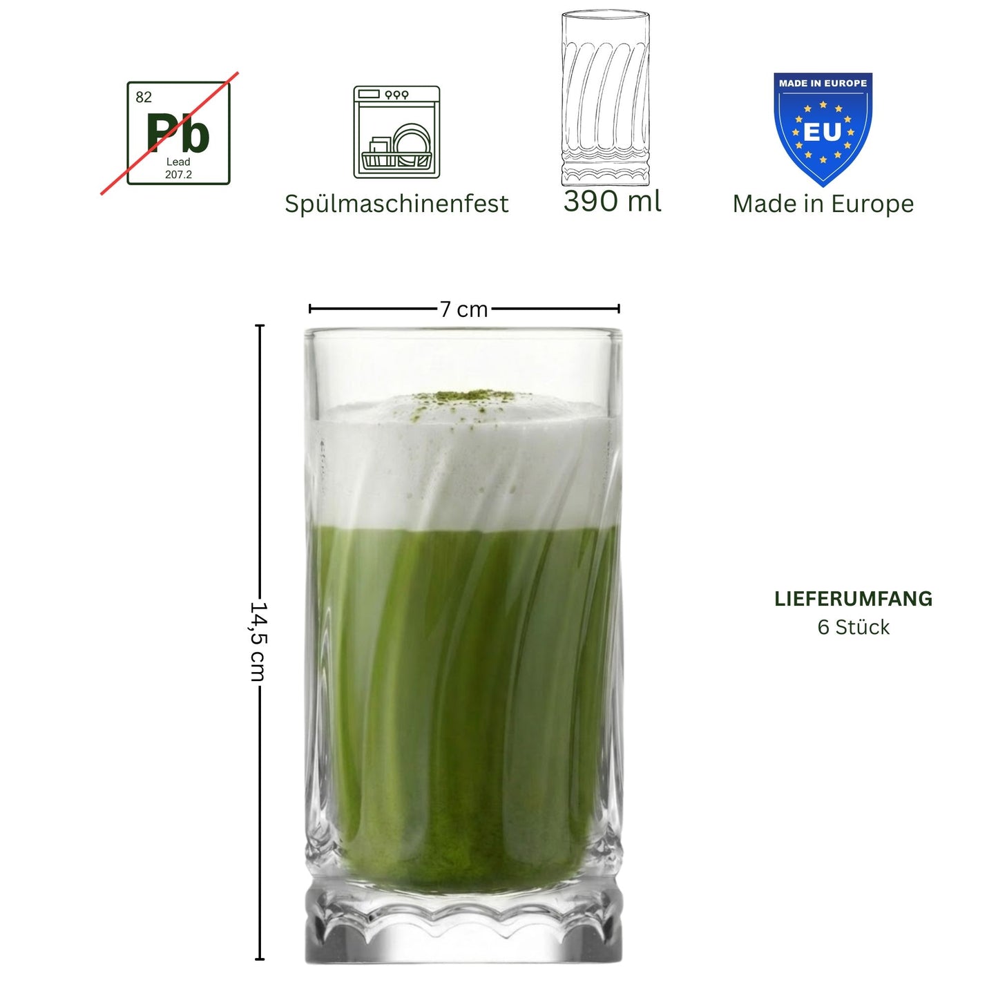 Wave 6 Stück Matcha Gläser 390ml Wellen-Design, extra schwer & massiv
