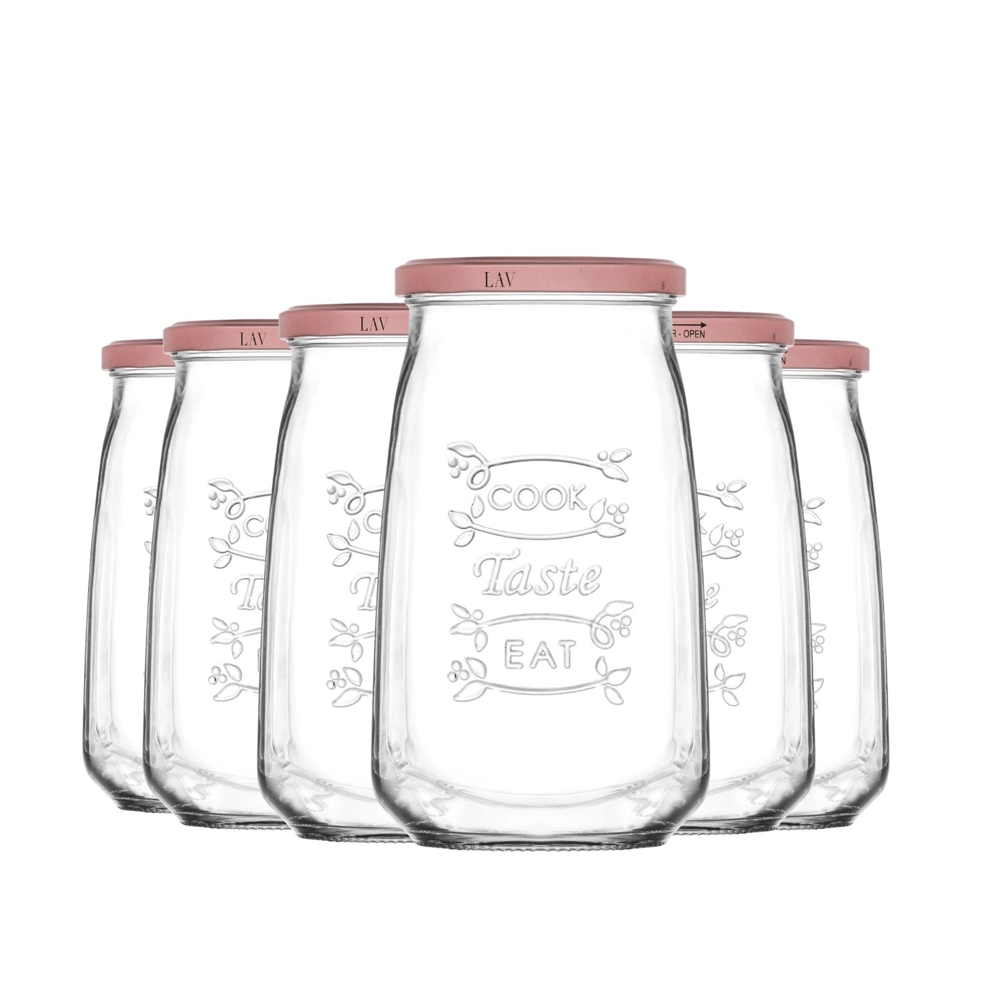Tasty Design Vorratsgläser "Cook Taste Eat" (6er Set, 1050ml) – Eckige Einmachgläser mit Rosé-Deckel