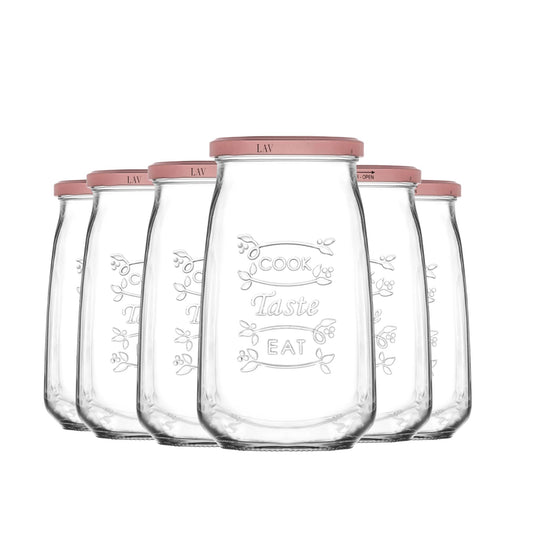Tasty Design Vorratsgläser "Cook Taste Eat" (6er Set, 1050ml) – Eckige Einmachgläser mit Rosé-Deckel
