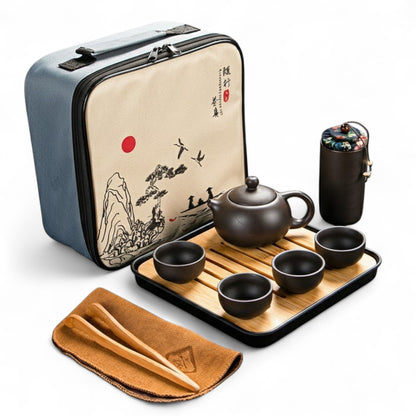 Teeset aus Yixing-Keramik mit 4 Tassen, Bambus-Tablett und Tragetasche – Traditionelles Kung-Fu-Teeset