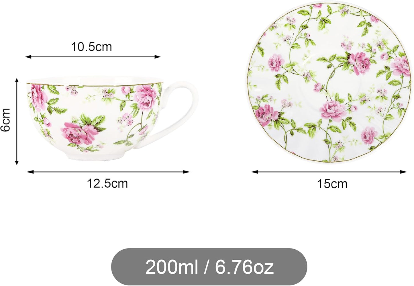 Teetassen Set 2er – Vintage Floral Blumen Porzellan Tassen & Untertassen mit Löffel, 200 ml