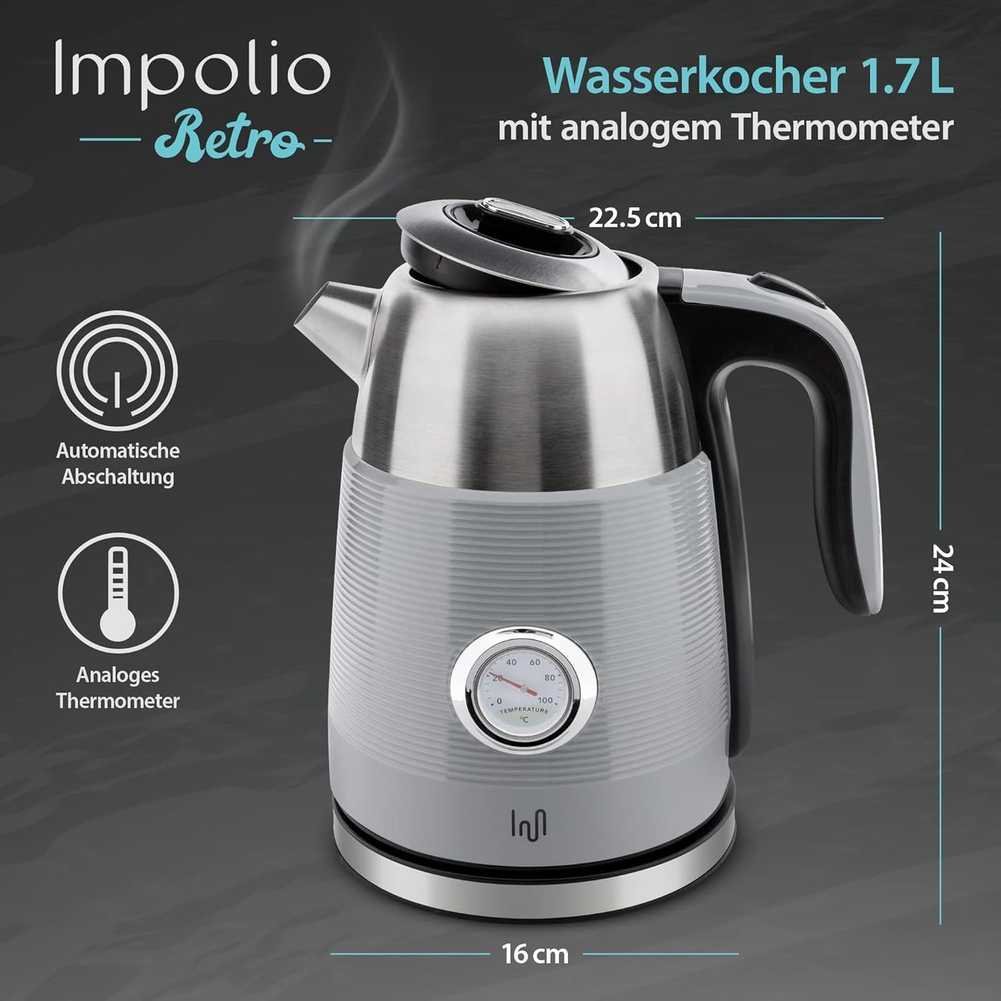 Retro Edelstahl Wasserkocher 1.7L mit Analogen Thermometer