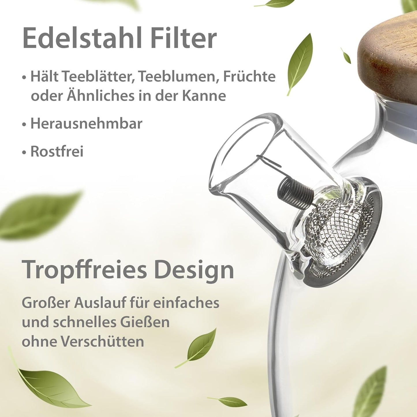 Glas Teekanne mit Siebeinsatz & Holzdeckel 580ml