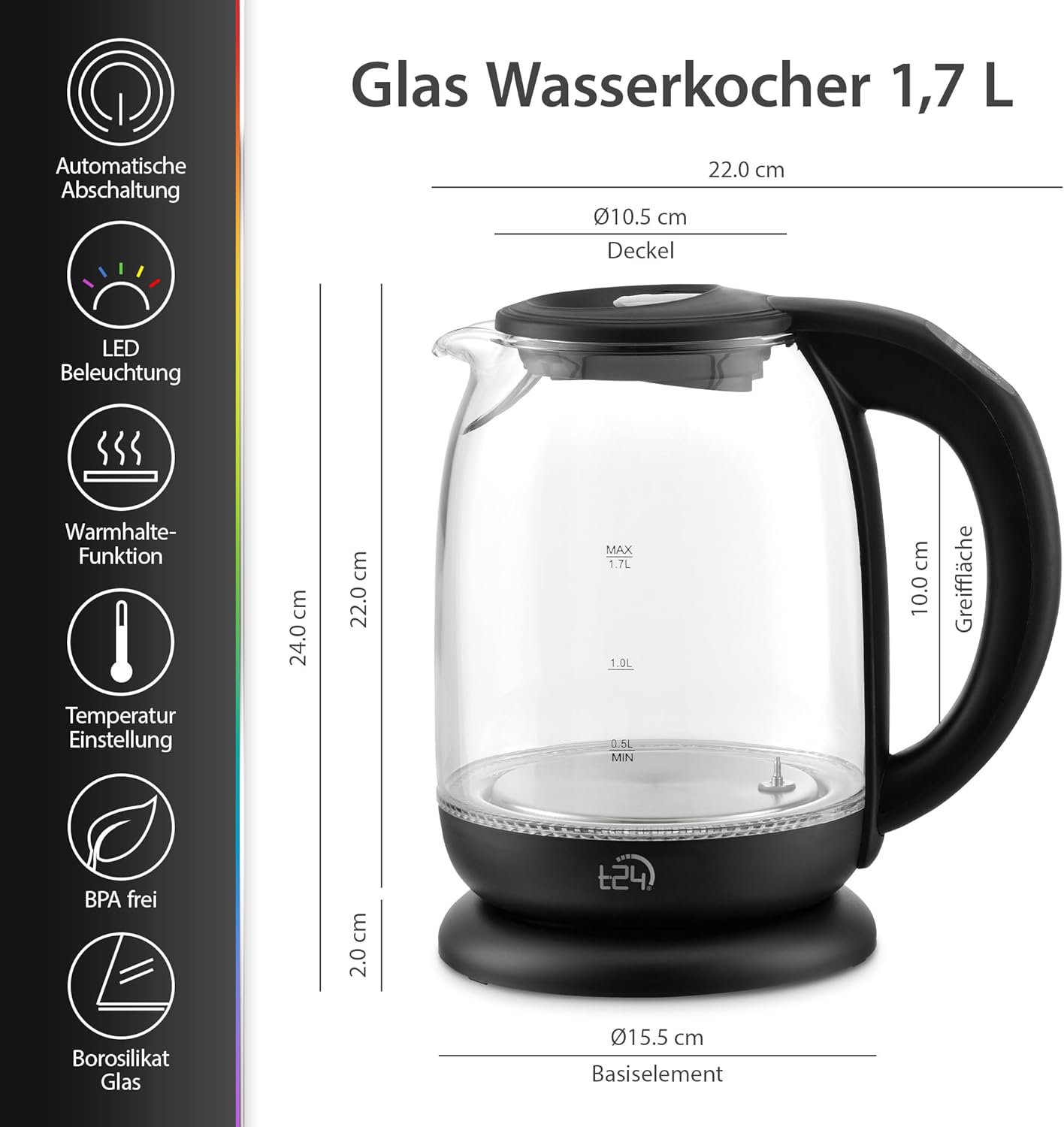 Glass kettle, 1.7 liters, temperature selection 60-70-80-90-100°C