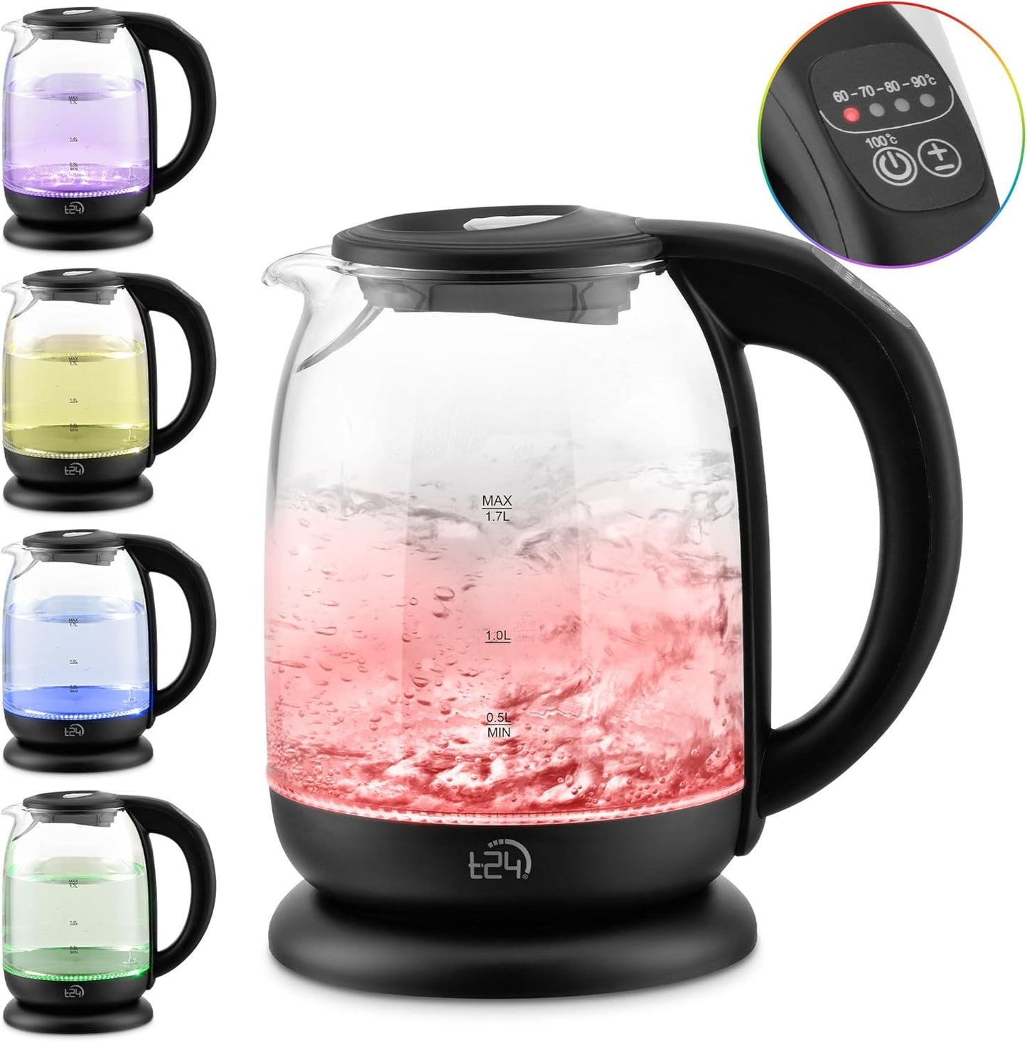 Glass kettle, 1.7 liters, temperature selection 60-70-80-90-100°C