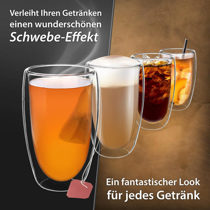 4tlg. 450ml Set doppelwandige Latte Macchiato, Tee Gläser mit Schwebeeffekt