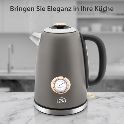 Edelstahl Retro Wasserkocher Vintage Design in Grau Matt mit Analogen Thermometer, 1,7 Liter