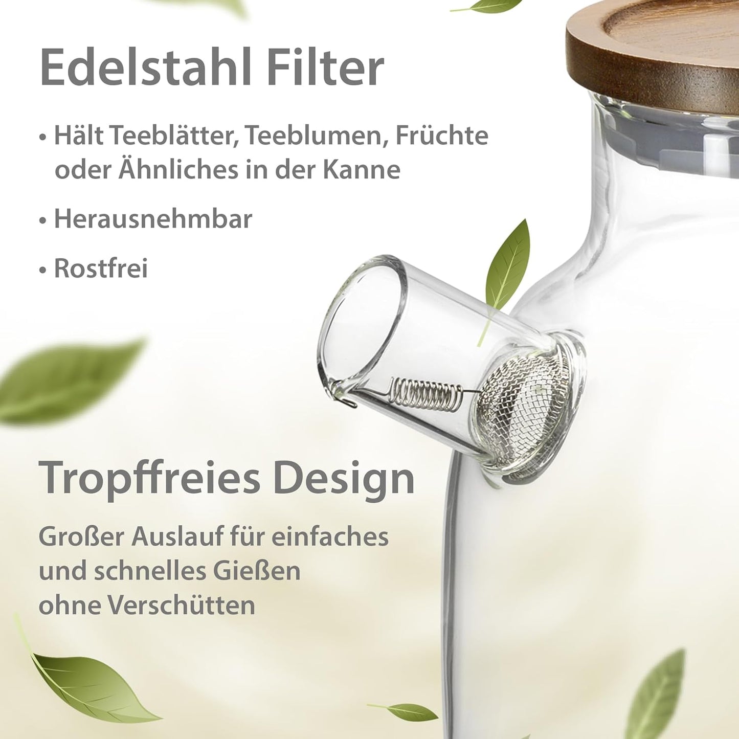 Glas Teekanne mit Siebeinsatz & Holzdeckel 1400ml