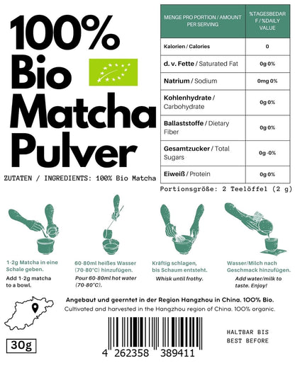 30g Bio Matcha, frischer Organic Matcha Pulver Tee, Zip-Beutel