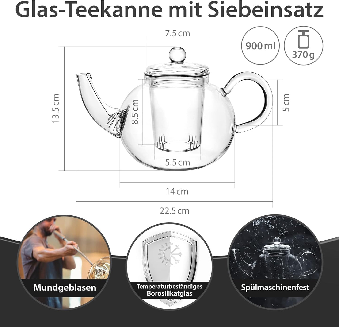Glas Teekanne mit Teesieb & Glasfilter 900ml