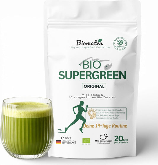 Bio Superfood Pulver Grün – Supergreen mit Matcha, Gerstengras, Weizengras, Moringa, Chlorella & Spirulina – Ballaststoffreich – Vegan, ohne Zuckerzusatz – 100 g