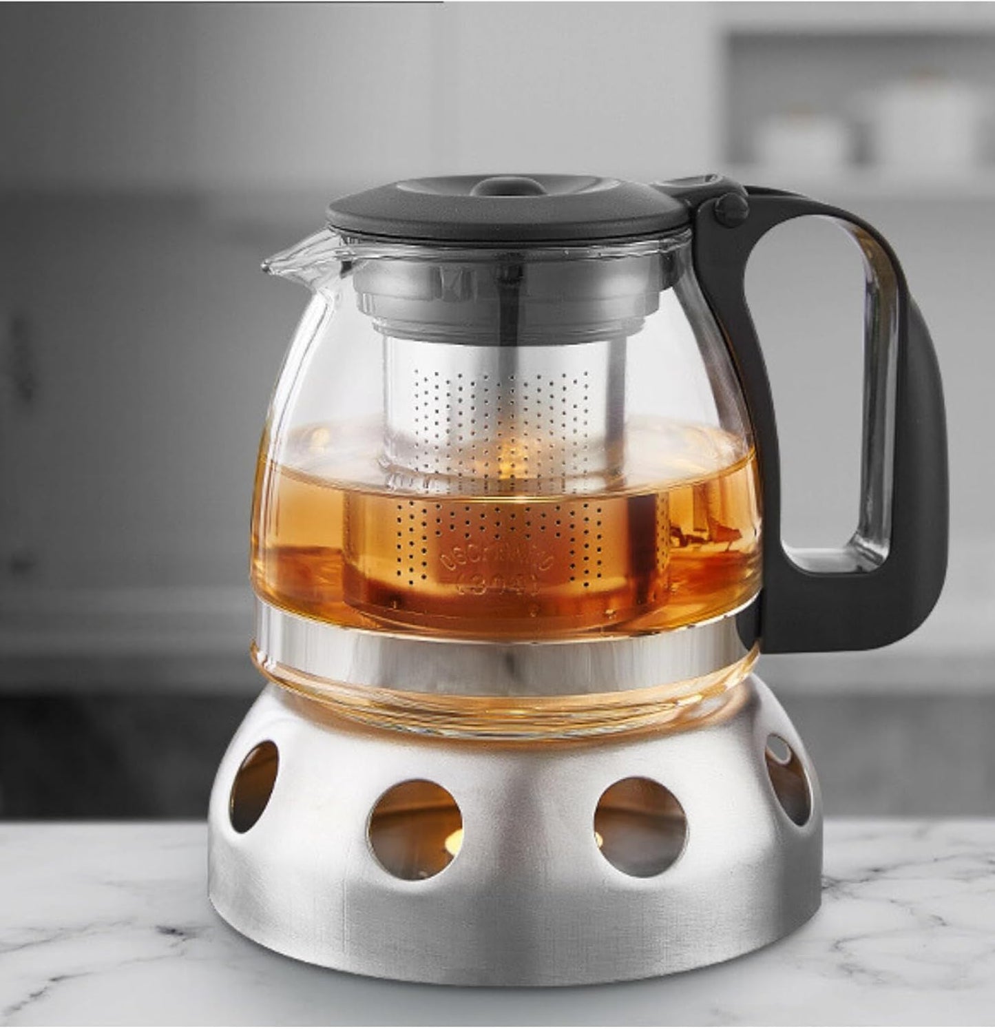 Glas Teekanne aus Glas mit Stövchen + Siebaufsatz, Hitzebeständig, herausnehmbaren Edelstahl Filter Sieb