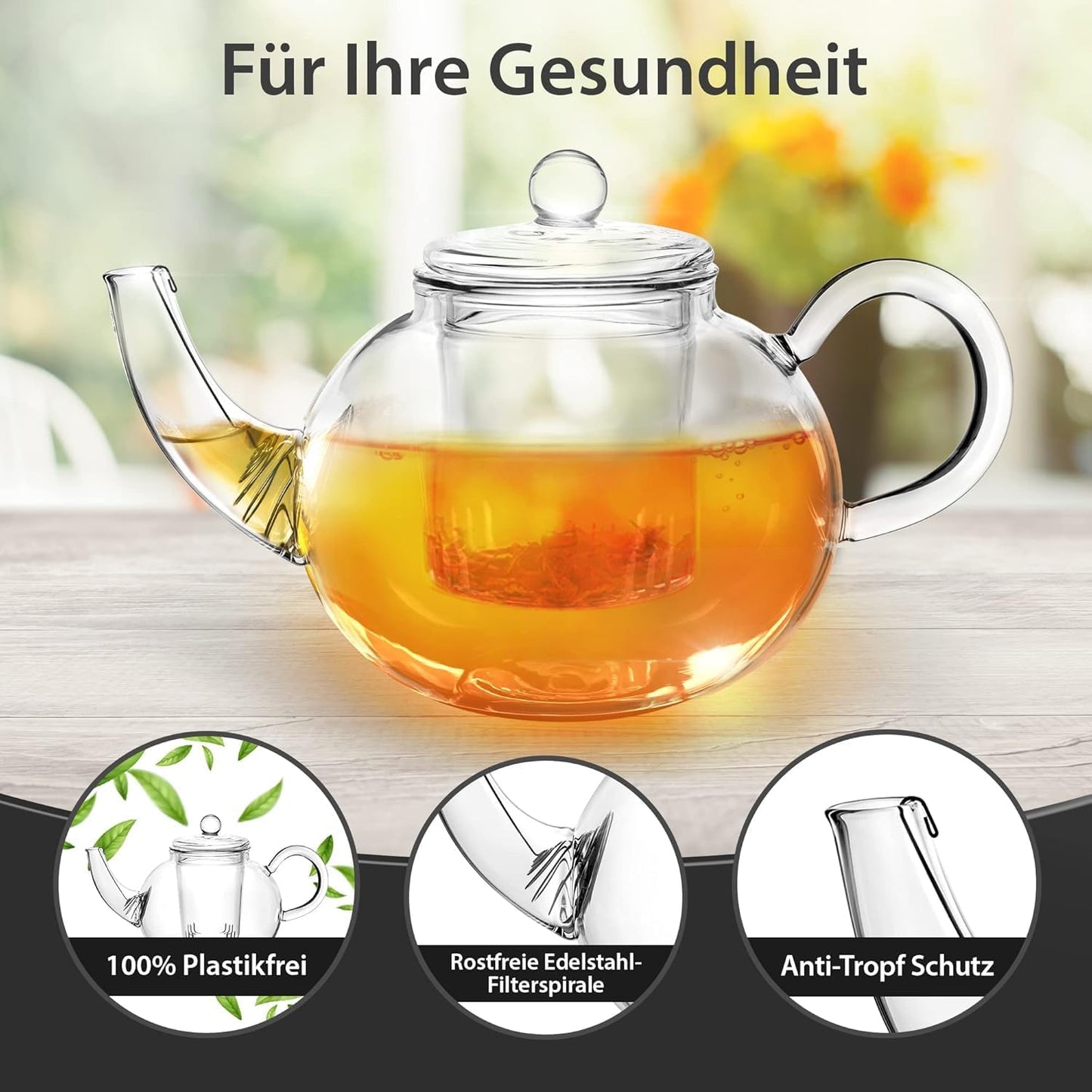 Glas Teekanne mit Teesieb & Glasfilter 900ml