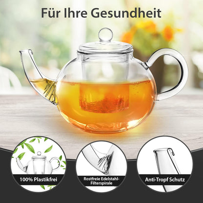 Glas Teekanne mit Teesieb & Glasfilter 900ml