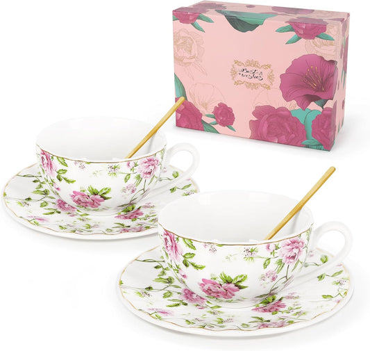 Teetassen Set 2er – Vintage Floral Blumen Porzellan Tassen & Untertassen mit Löffel, 200 ml