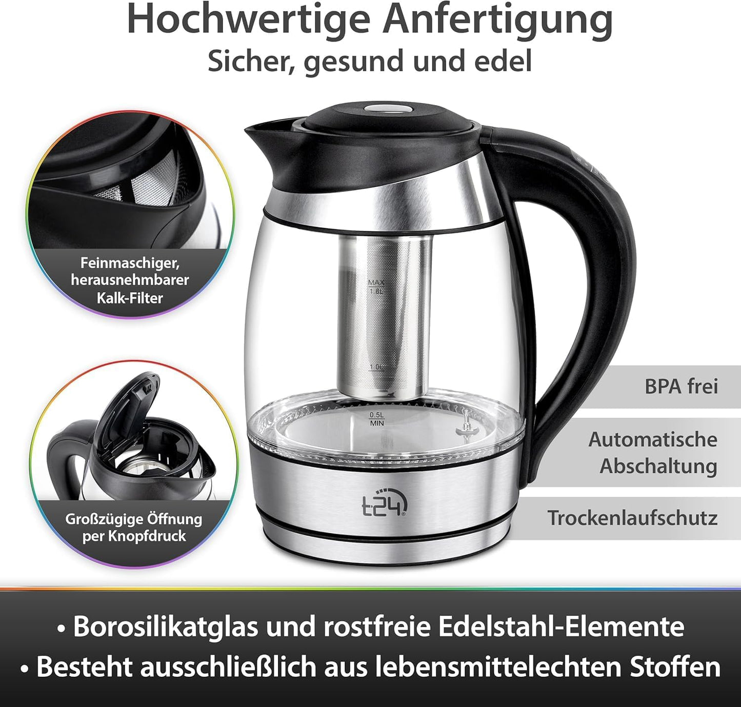 Glas Wasserkocher 1.8L mit abnehmbares Teesieb Temperatureinstellung