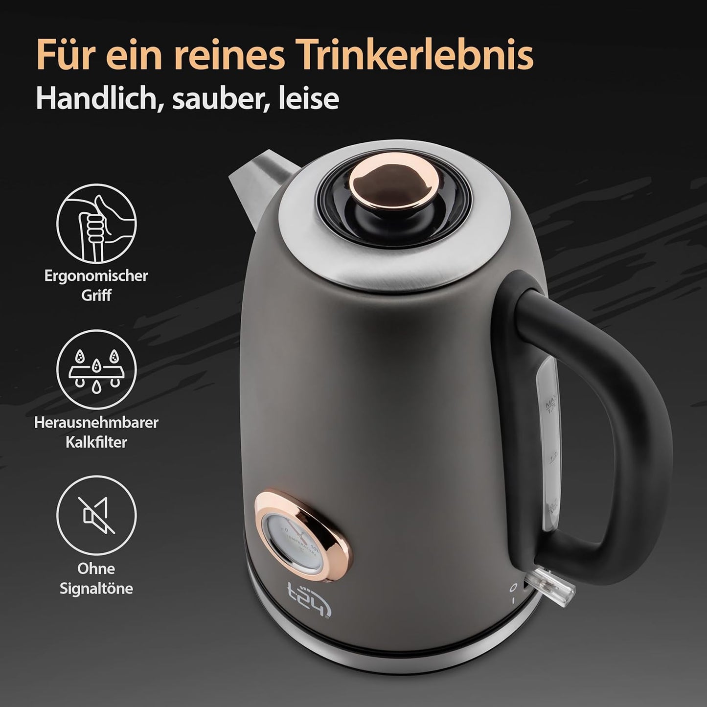 Edelstahl Retro Wasserkocher Vintage Design in Grau Matt mit Analogen Thermometer, 1,7 Liter