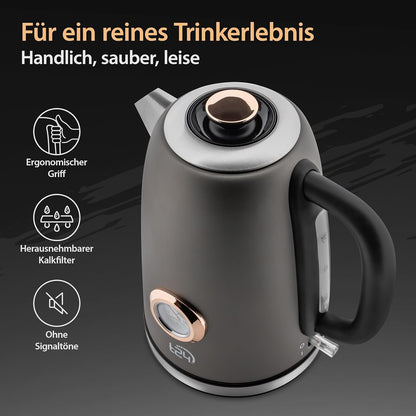 Edelstahl Retro Wasserkocher Vintage Design in Grau Matt mit Analogen Thermometer, 1,7 Liter