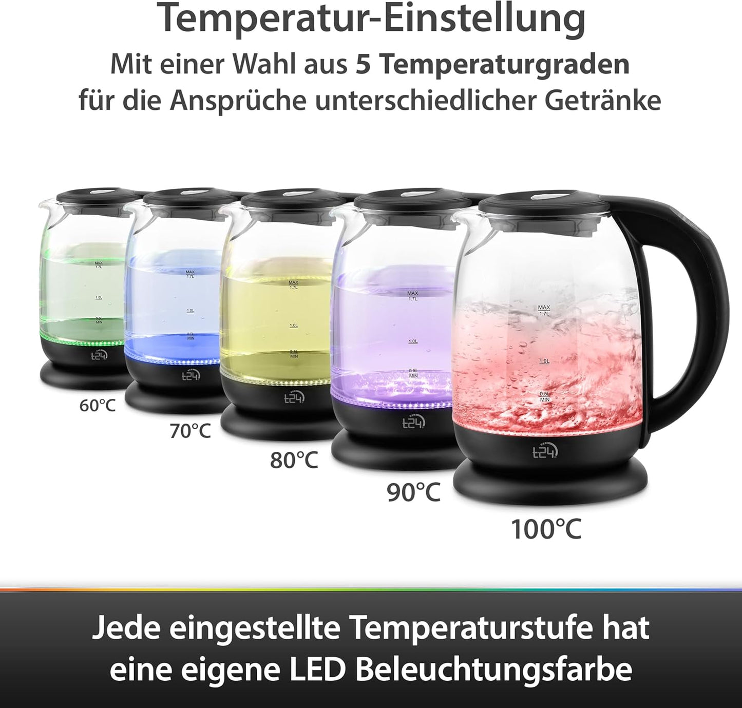 Glass kettle, 1.7 liters, temperature selection 60-70-80-90-100°C
