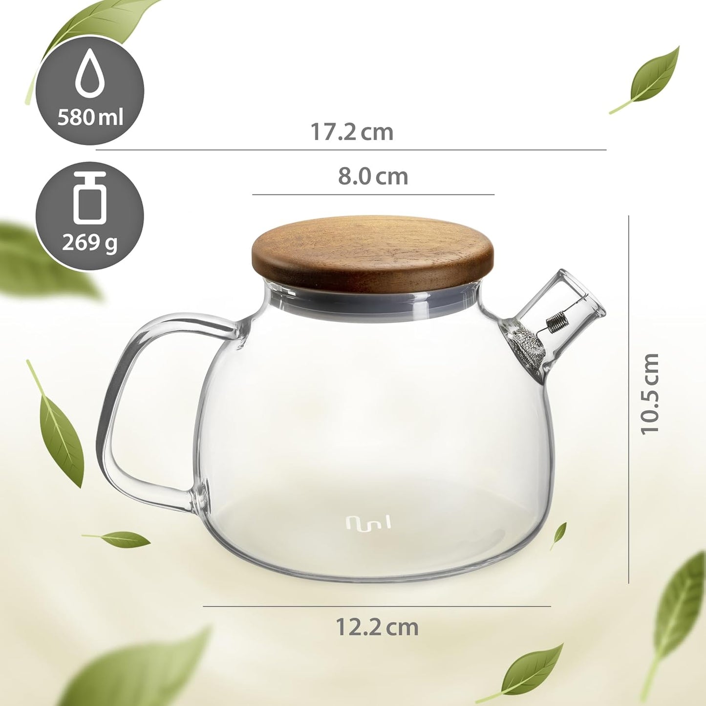 Glas Teekanne mit Siebeinsatz & Holzdeckel 580ml
