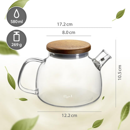 Glas Teekanne mit Siebeinsatz & Holzdeckel 580ml