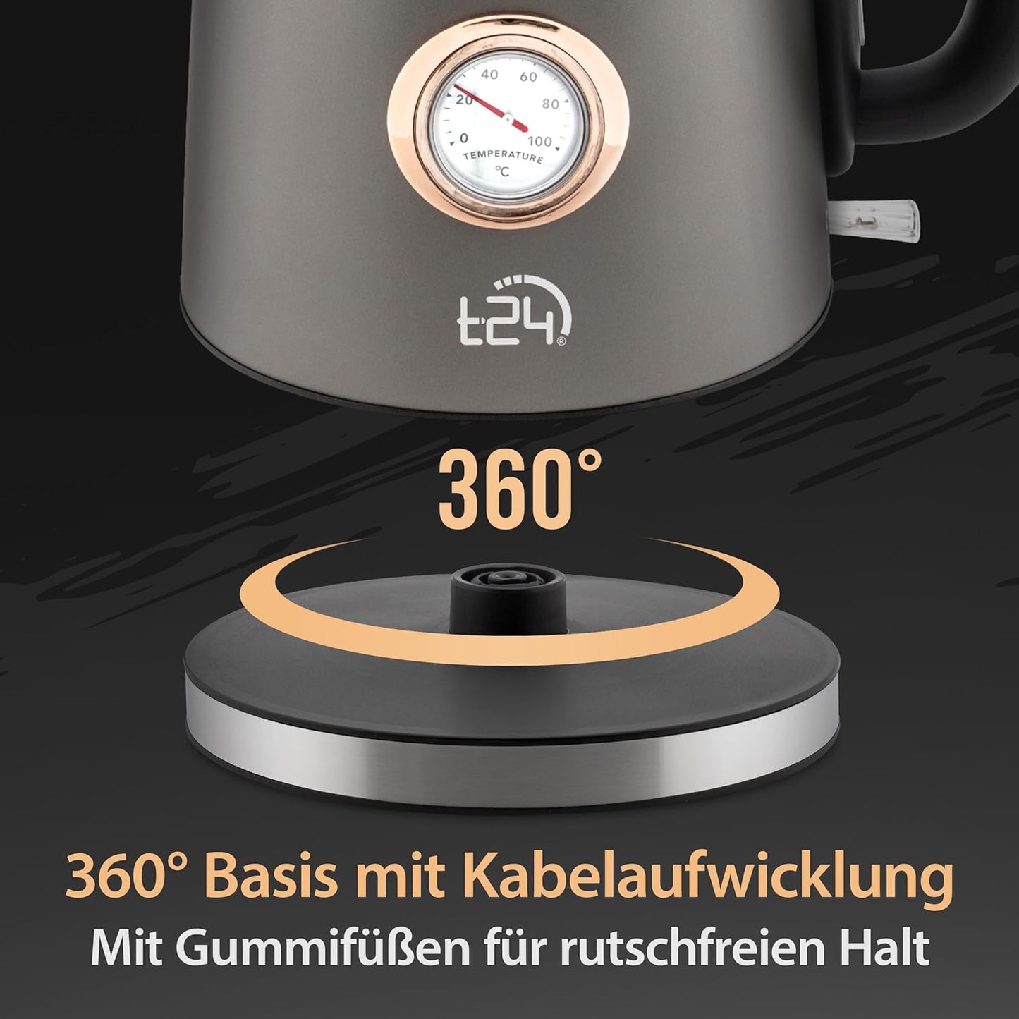 Edelstahl Retro Wasserkocher Vintage Design in Grau Matt mit Analogen Thermometer, 1,7 Liter